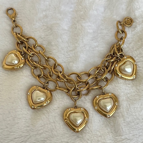 Vintage Givenchy Gold chain 3 strand Heart Bracelet Pearl Accents - Picture 1 of 4